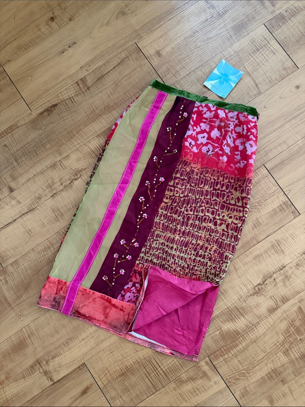 Boho Patchwork Midi Skirt in Pink, Green & Burgundy Size Small